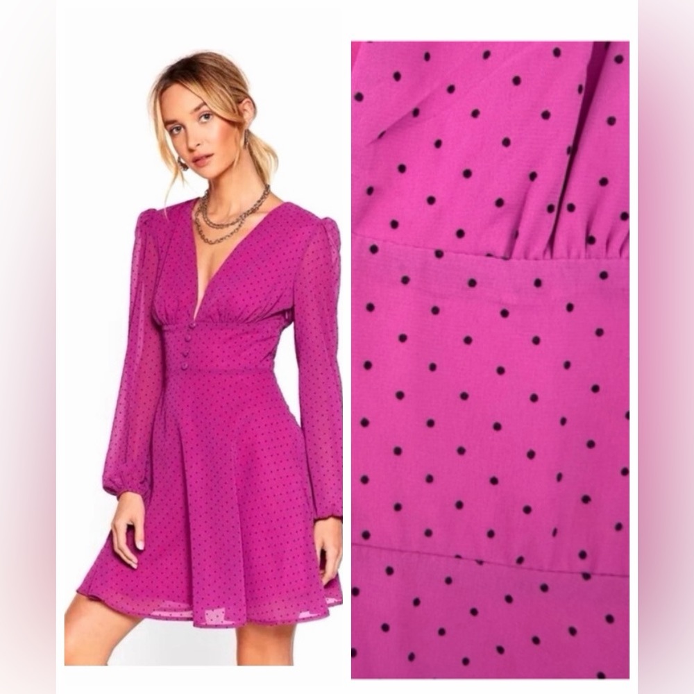 Nasty Gal Fuchsia Polka Dot Long Sleeve Dress Sz 8